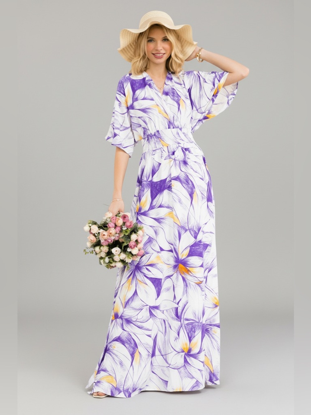 Purple Floral Print Maxi Dress with Smocked Waist and Side Slit